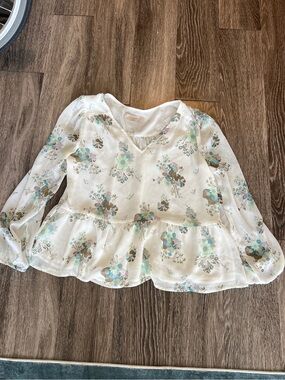 LOFT White Sheer Blouse with Aqua and Olive green Floral Accents